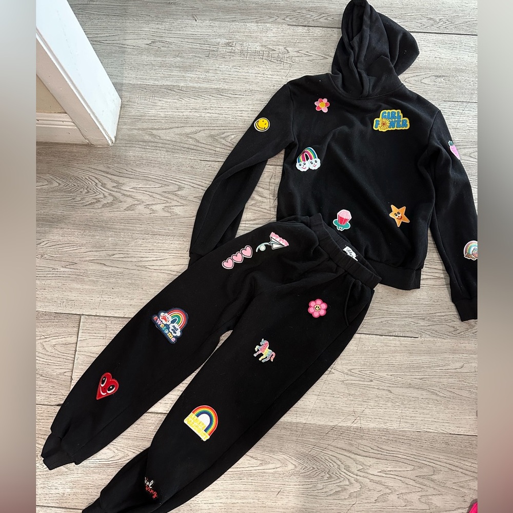 Lola + The Boys Black Hoodie & Sweatpants Matching Set with Colorful Patches